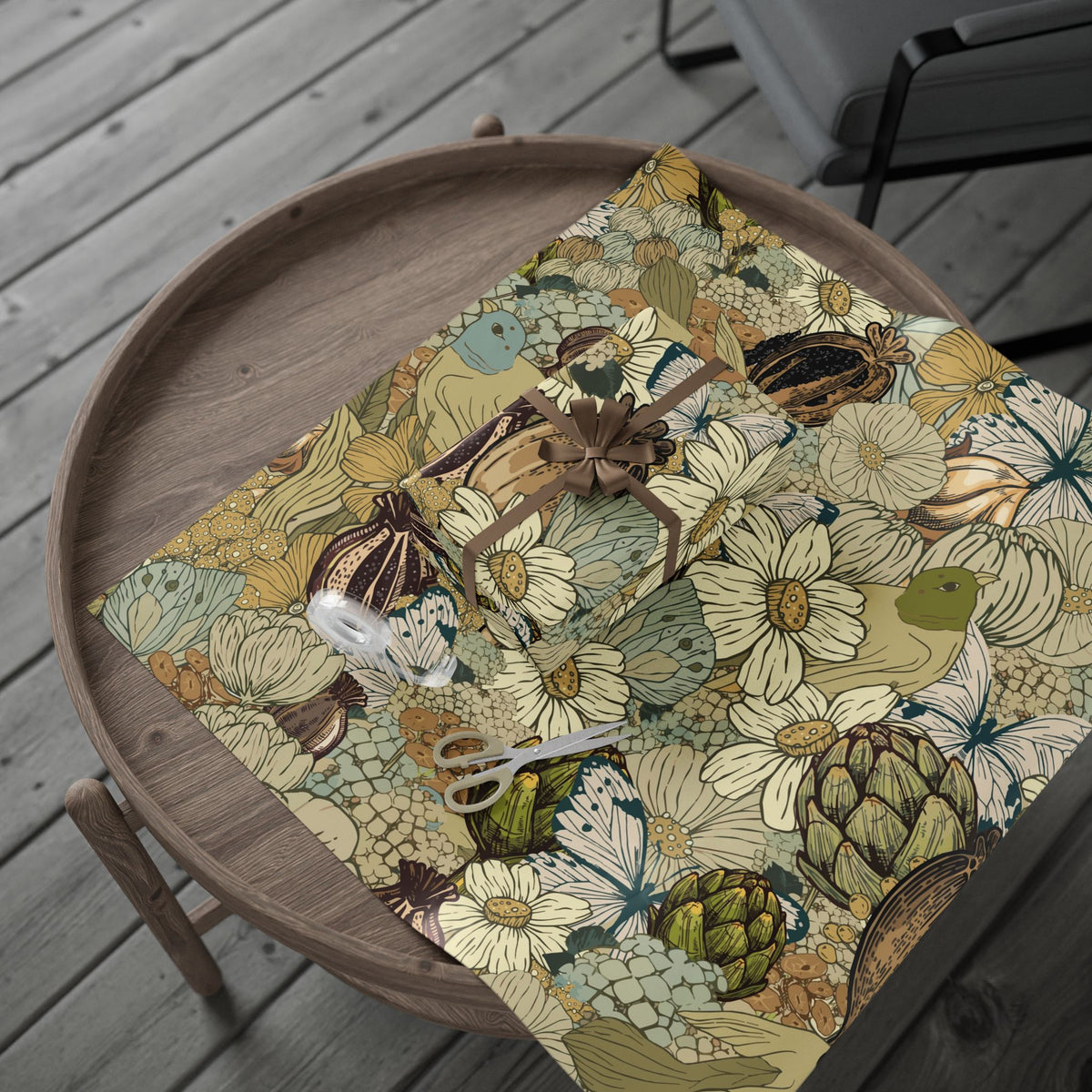 Vintage Flowers and Birds Gift Wrap Mustard