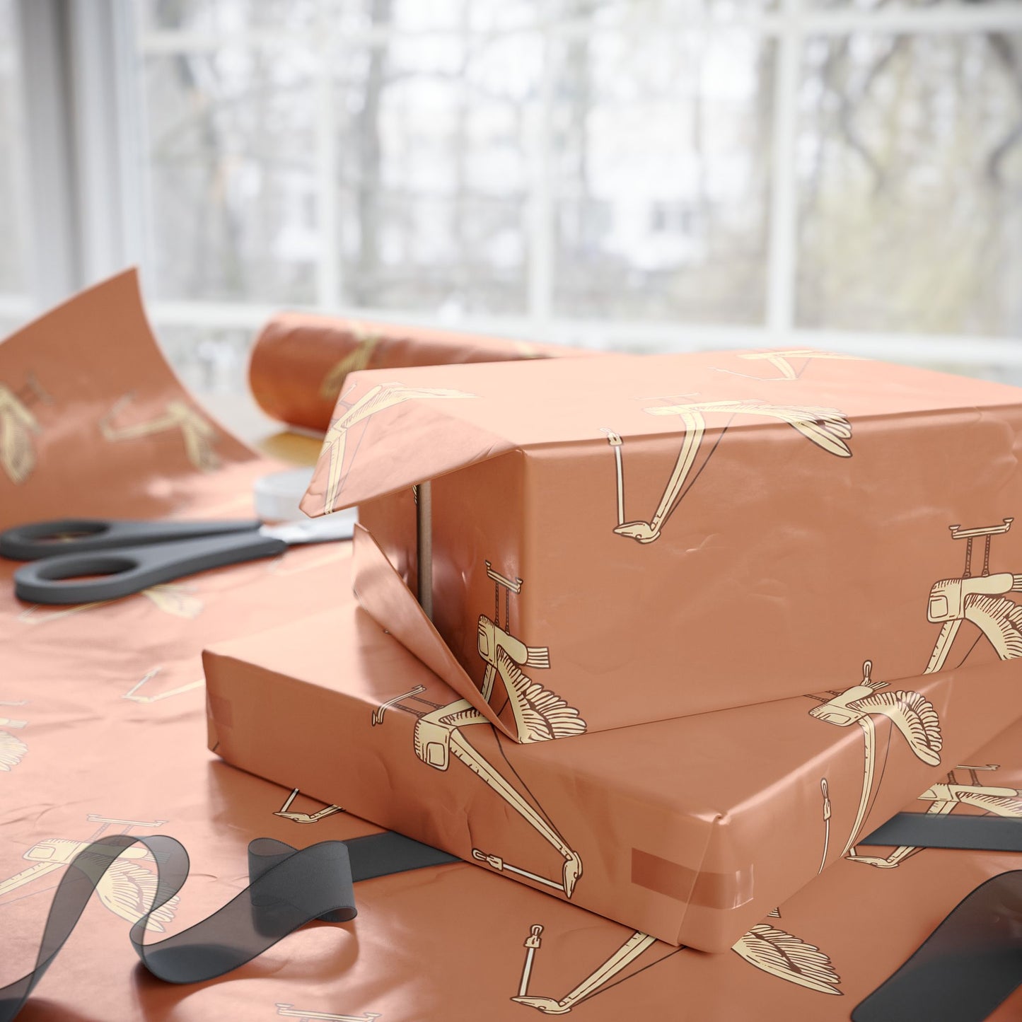 "Crane" Block Print Gift Wrap Terra Cotta