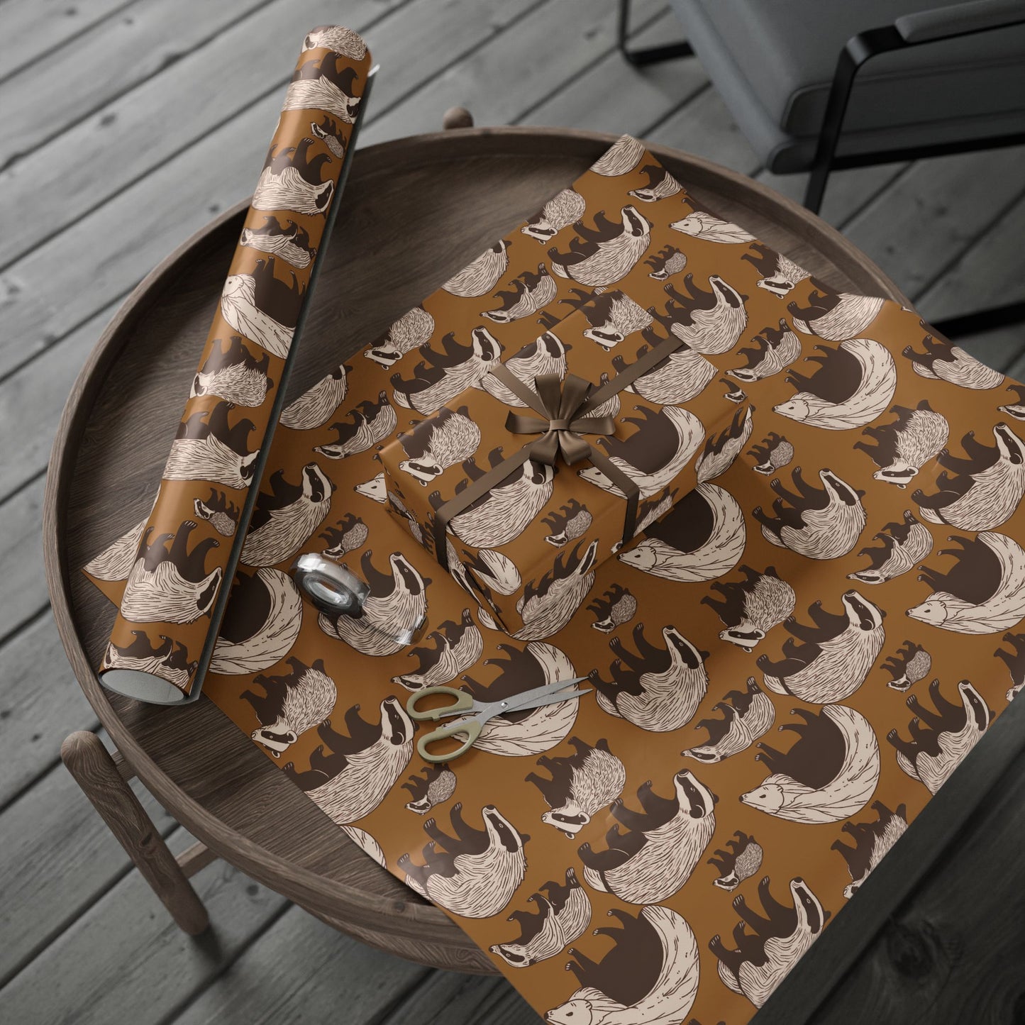 Modern Toile Honey Badger Gift Wrap Mustard