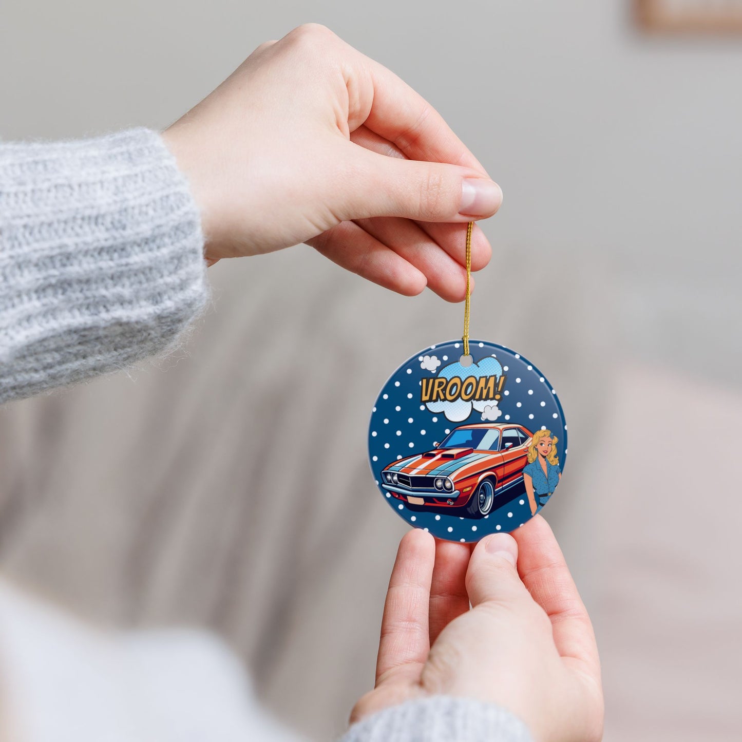 Vroom Holiday Ceramic Ornament - 2-Sided Print with Vintage Car and Pin Up Girl