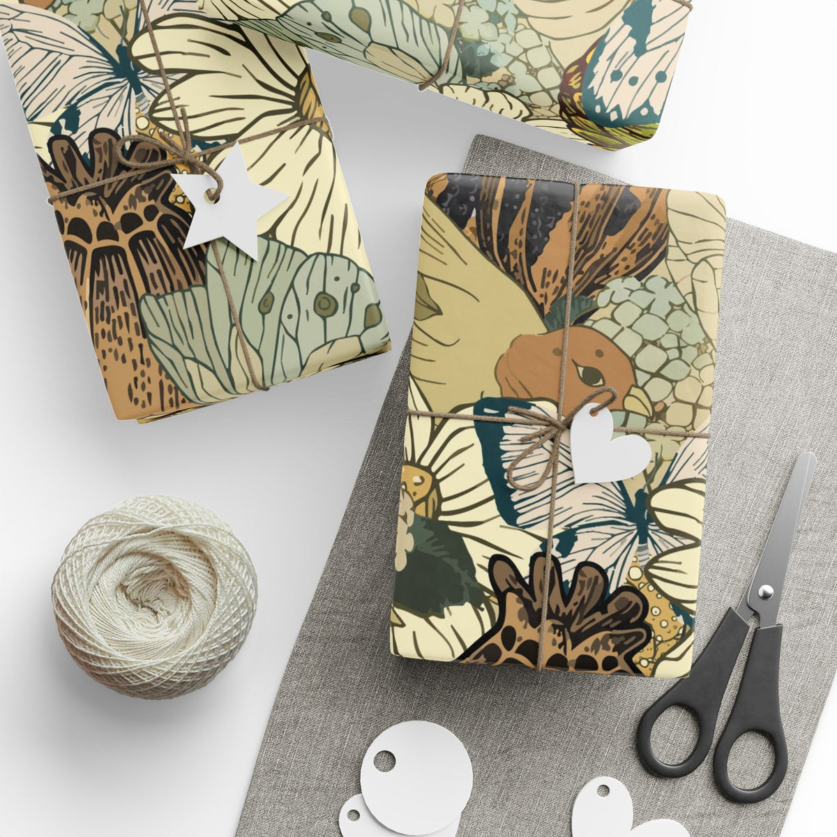 Vintage Flowers and Birds Gift Wrap Mustard