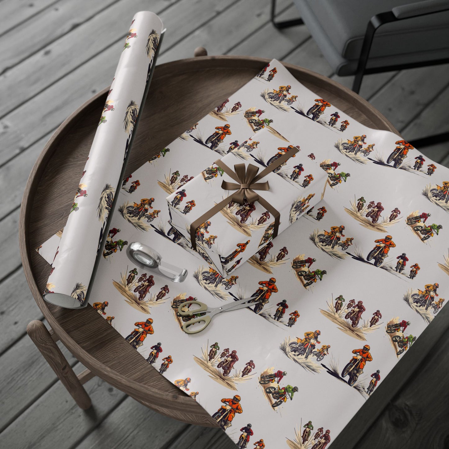 Modern Toile Dirt Bike Taupe Gift Wrap
