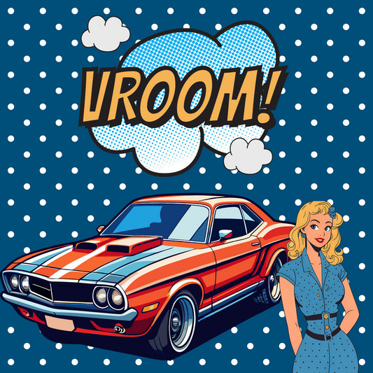 Vroom Holiday Ceramic Ornament - 2-Sided Print with Vintage Car and Pin Up Girl