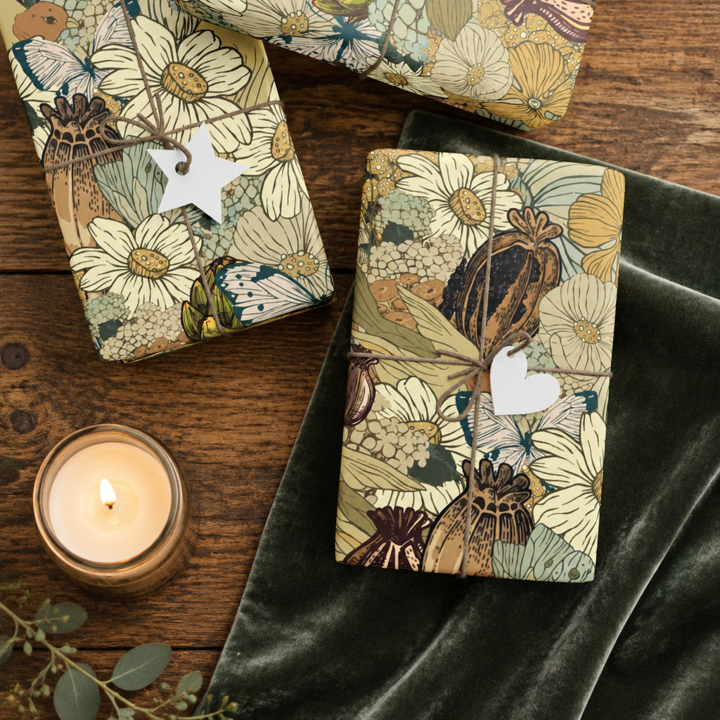 Vintage Flowers and Birds Gift Wrap Mustard