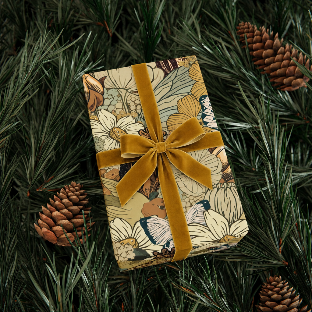 Vintage Flowers and Birds Gift Wrap Mustard