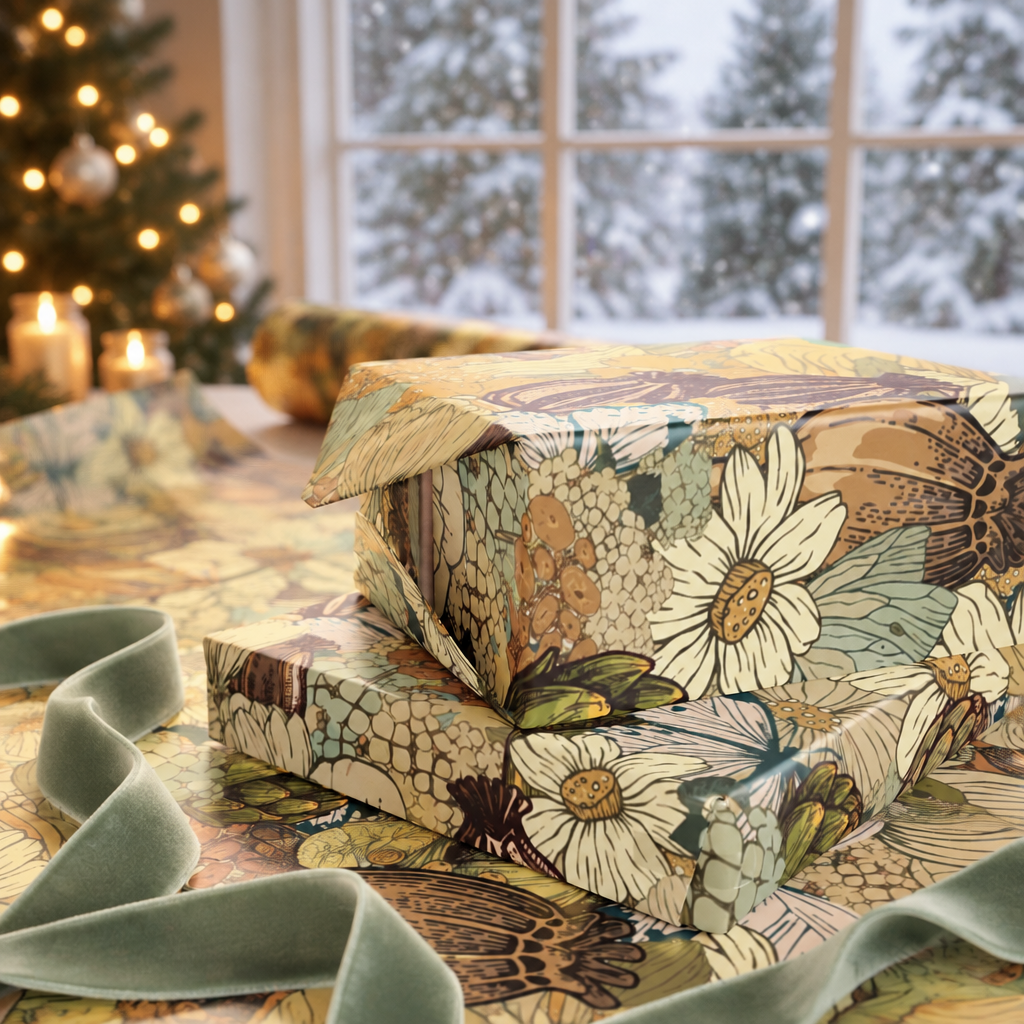 Vintage Flowers and Birds Gift Wrap Mustard
