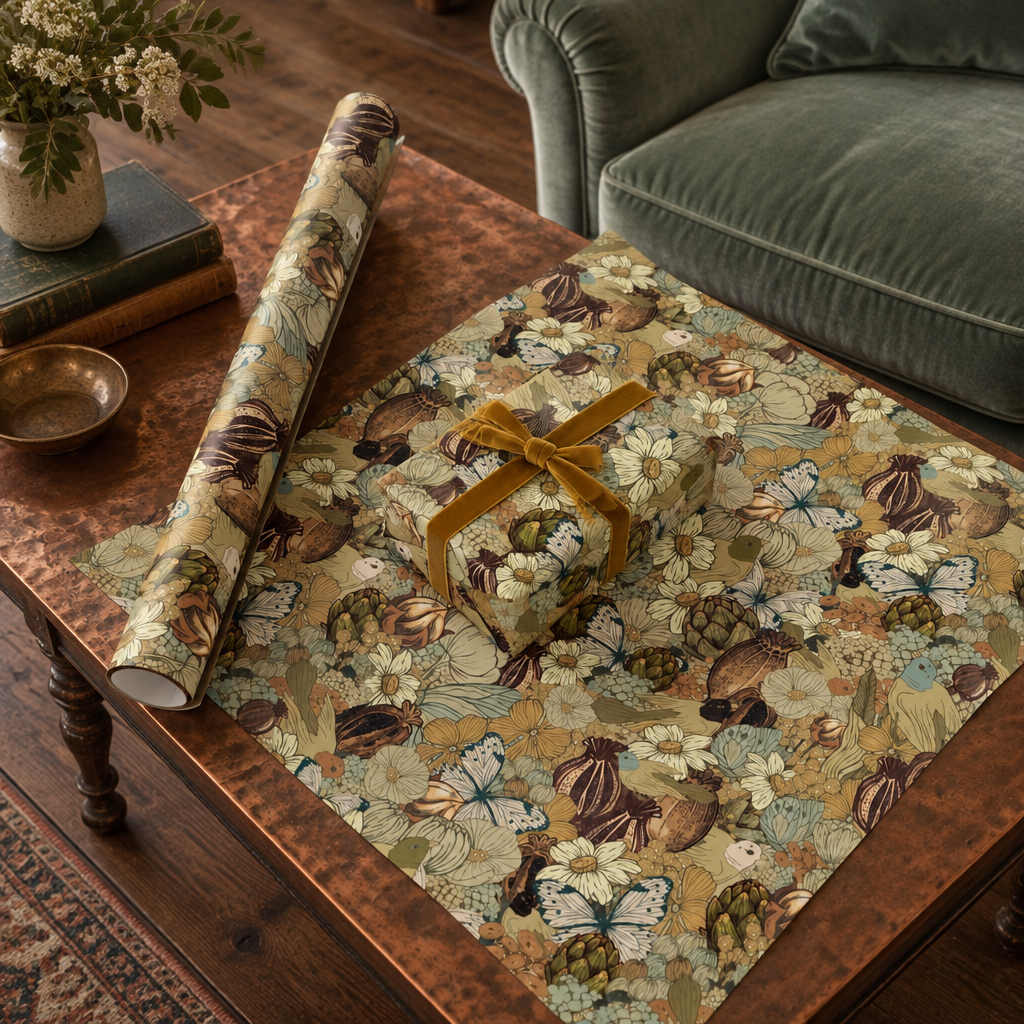 Vintage Flowers and Birds Gift Wrap Mustard