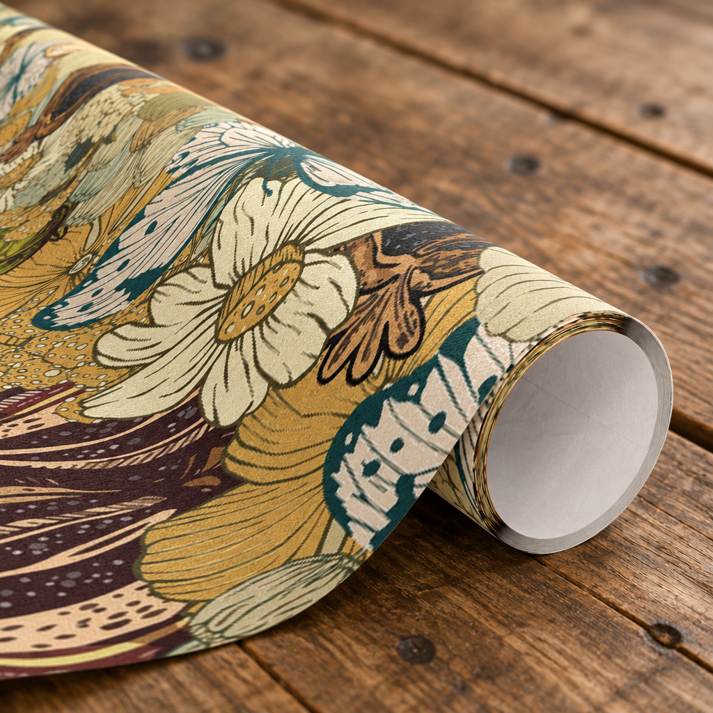 Vintage Flowers and Birds Gift Wrap Mustard