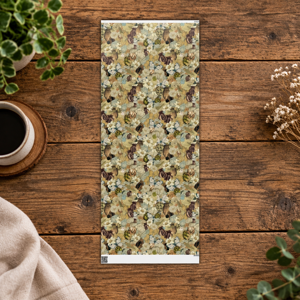 Vintage Flowers and Birds Gift Wrap Mustard