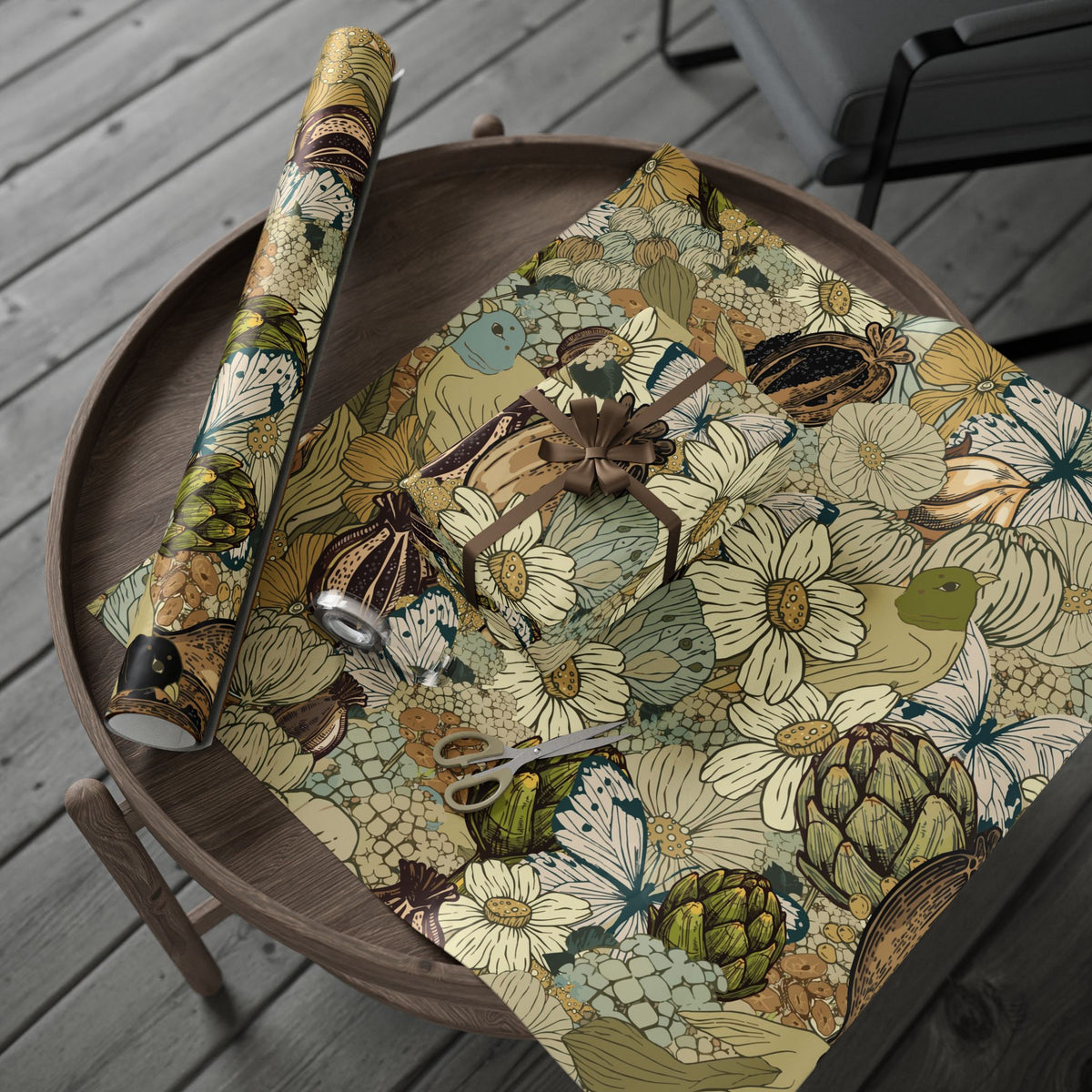 Vintage Flowers and Birds Gift Wrap Mustard