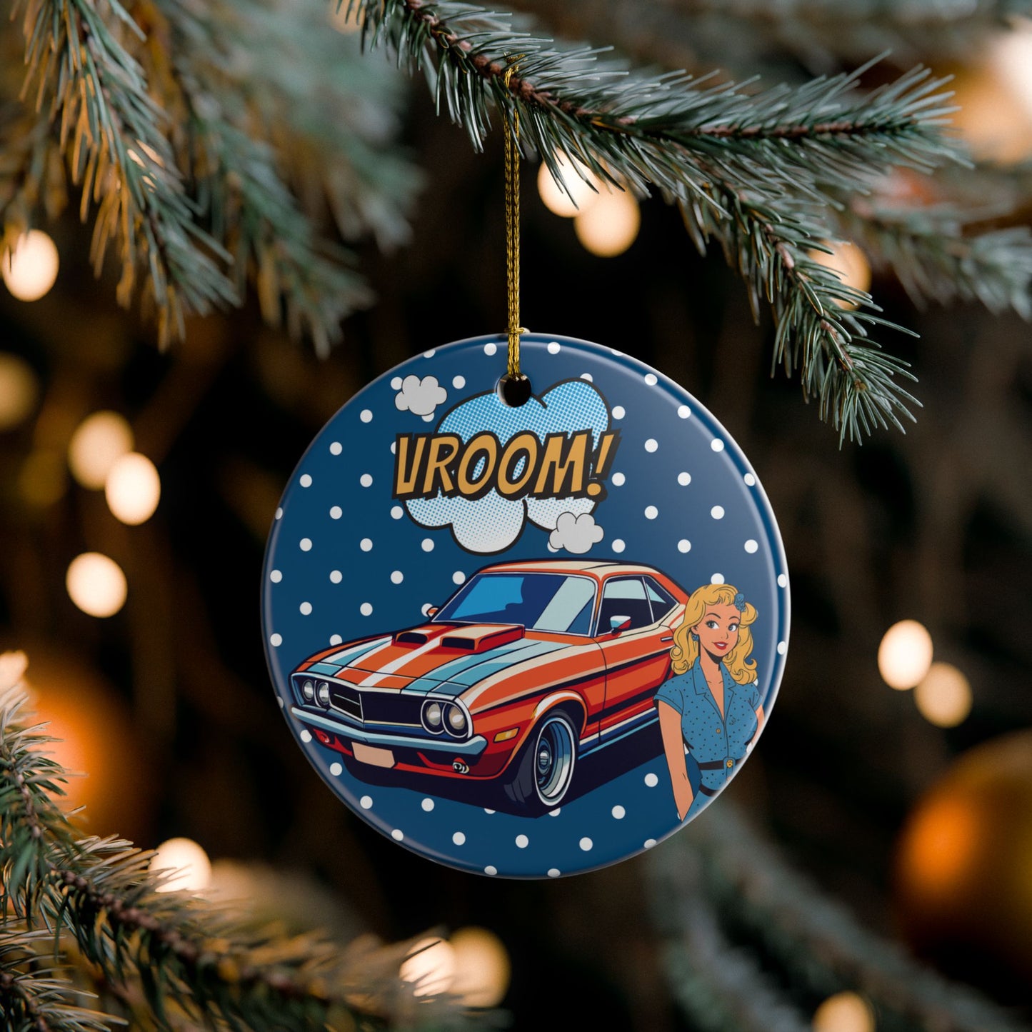 Vroom Holiday Ceramic Ornament - 2-Sided Print with Vintage Car and Pin Up Girl