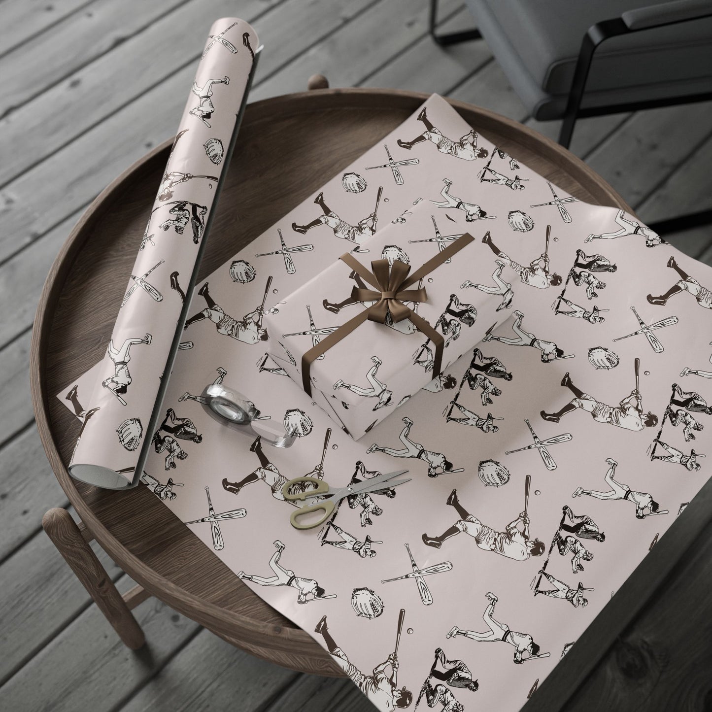 Modern Toile Baseball Sepia Gift Wrap